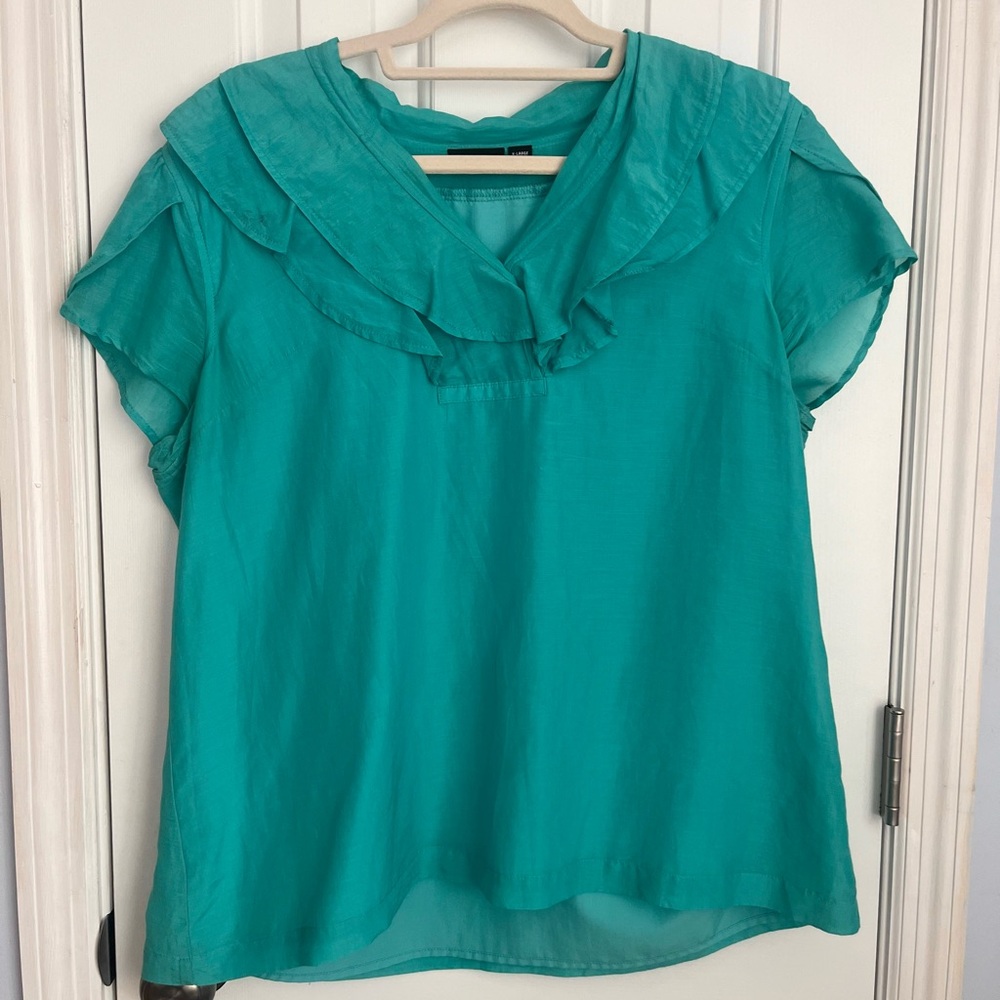 a.n.a Teal Ruffle Collar Short Sleeve Blouse